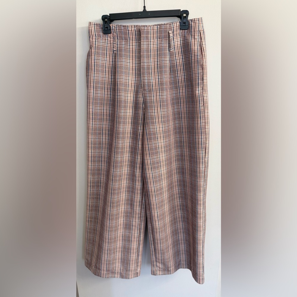 Skies Are Blue Plaid Wide Leg Pants Cropped High Rise Sz L Boho Career Girlboss